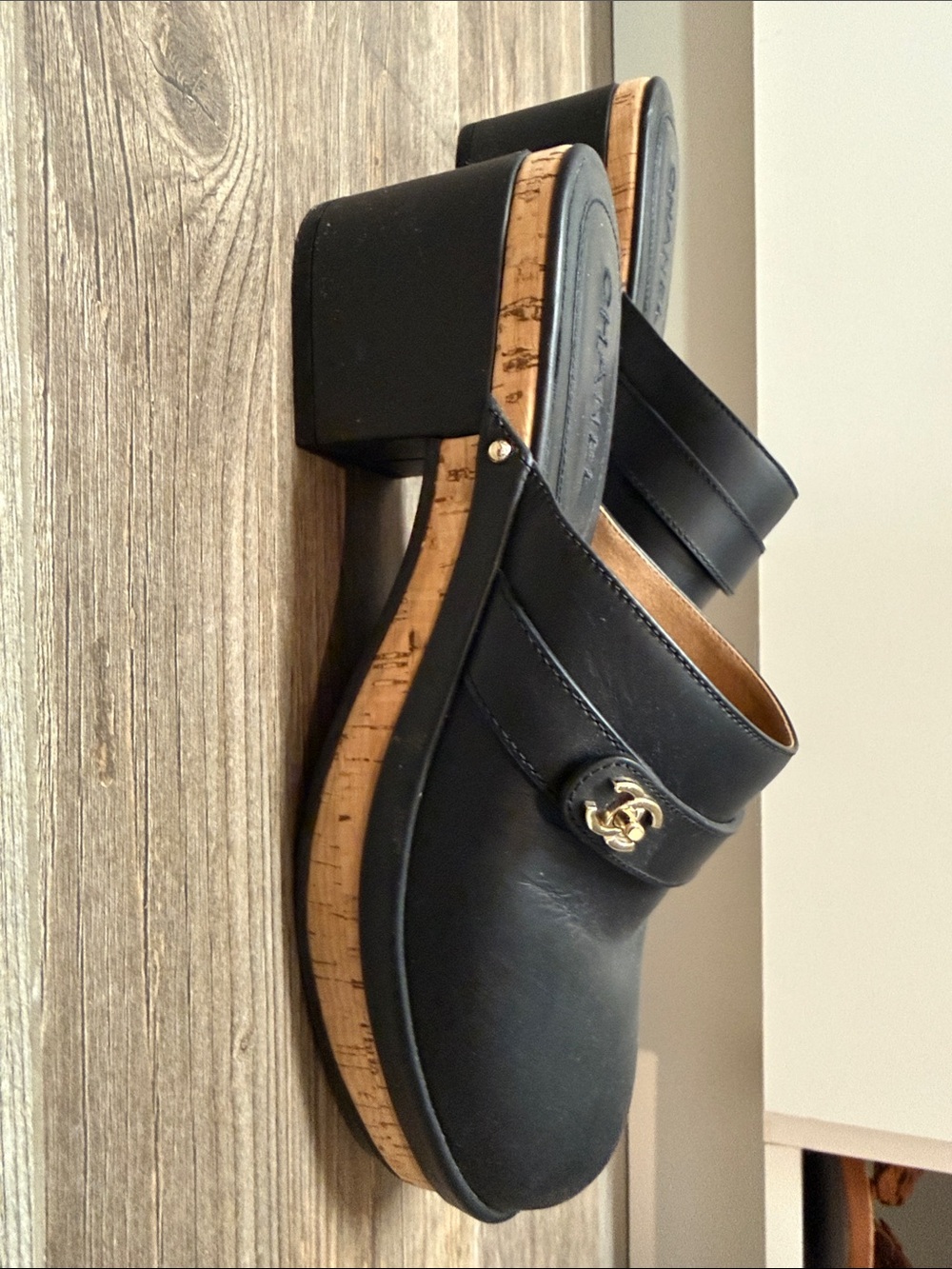 CHANEL Black Leather Slide Clogs with Gold CC Accents - Picture 2 of 5